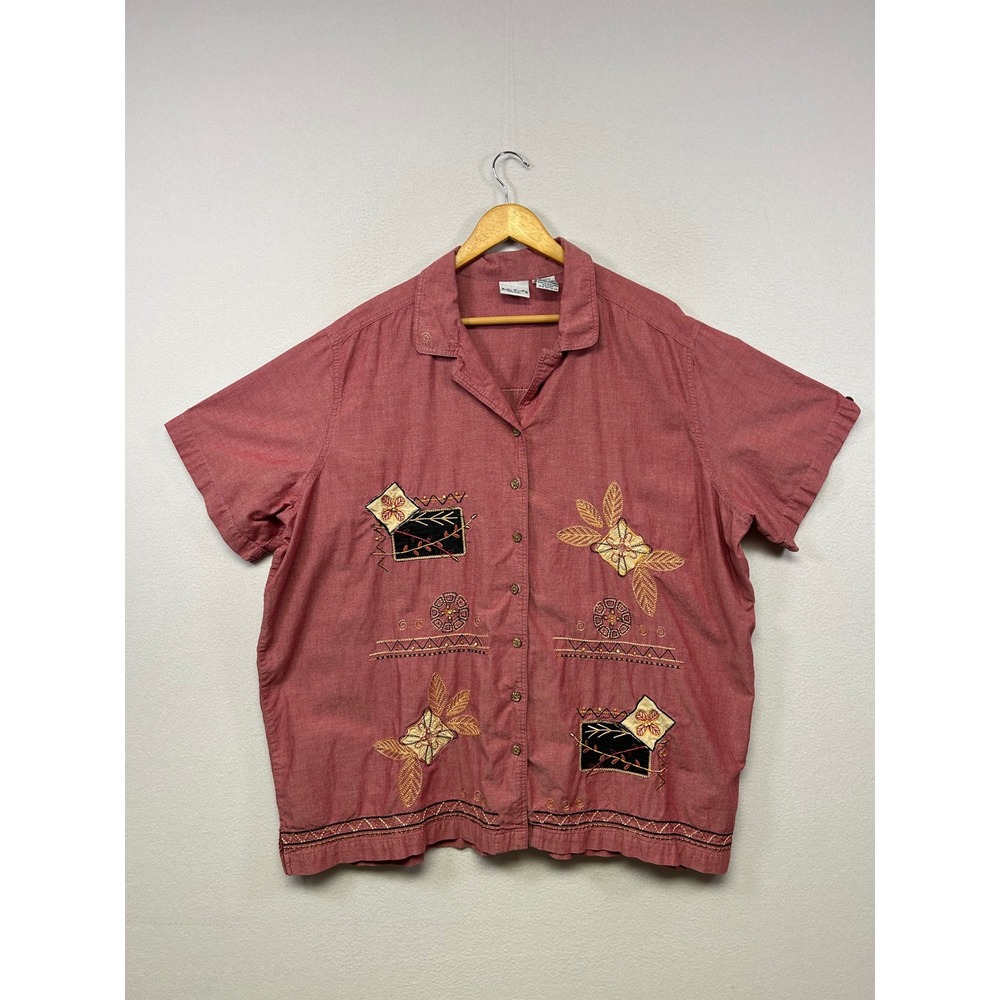 Bobbie Brooks Boho Embroidered Beaded Woman 26W/28W Red Short Sleeve Button Down